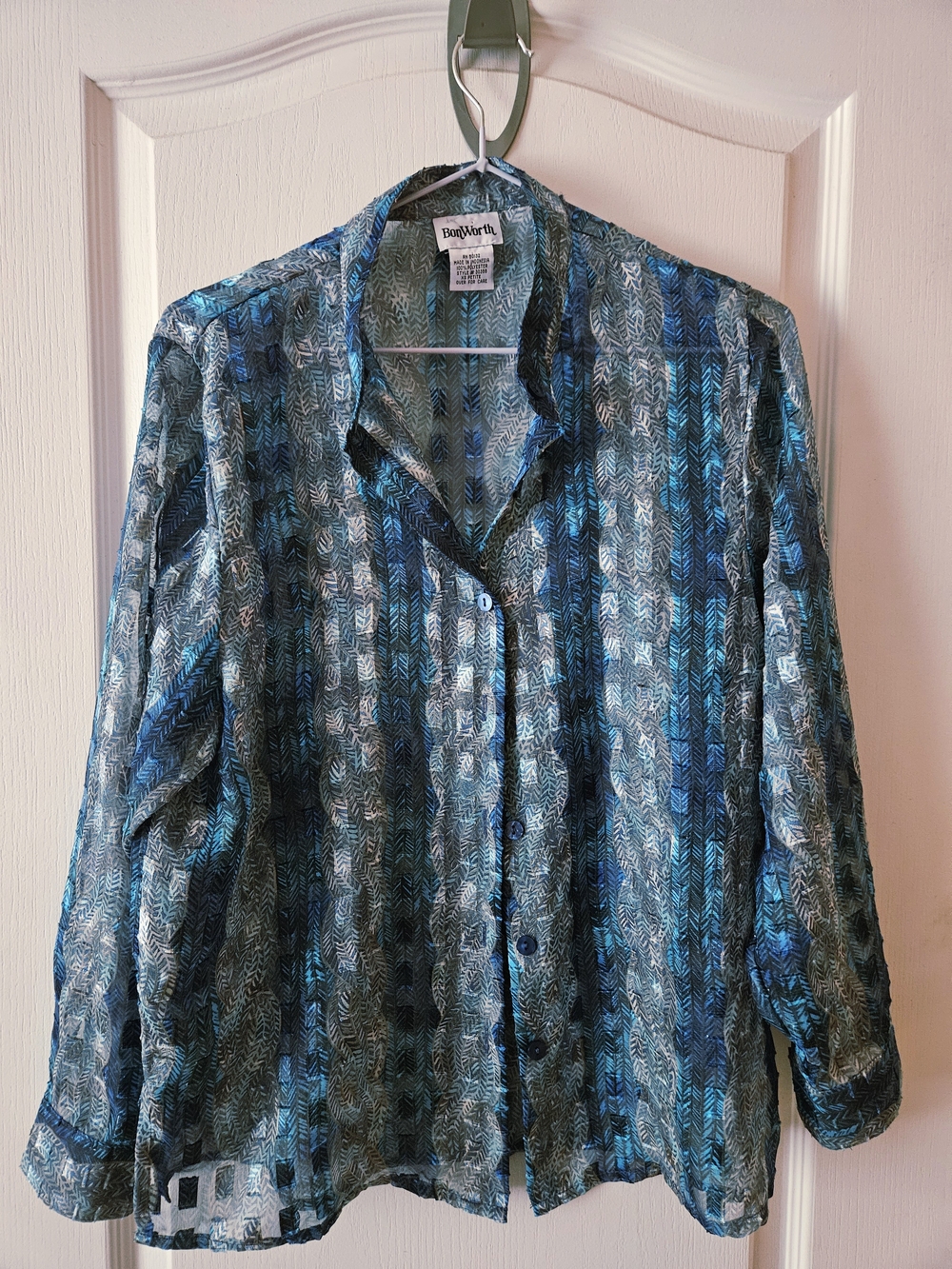 Blue and Silver Burnout 3/4 Sleeves Blouse
